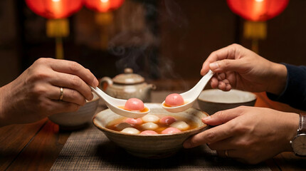 People eating hot Tang Yuan ginger soup with pink and white rice balls for celebration.