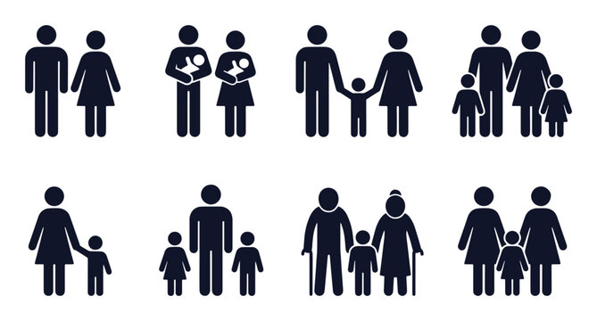 Nuclear family types icon set. Stick figure black silhouettes of man woman couple holding baby, child, son, daughter, grandparents, same-sex parents. Flat vector pictograms