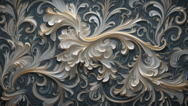 Intricate silver baroque ornamental frame with scrolling floral patterns and swirls