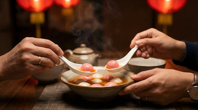 People eating hot Tang Yuan ginger soup with pink and white rice balls for celebration.