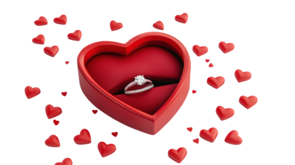 Valentine's day engagement ring in heart-shaped box with floating hearts