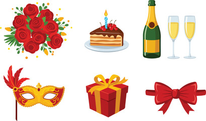 Celebration icons including strawberries cake champagne gift and masquerade