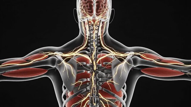 Anatomical illustration of human body musculature and nervous system