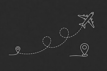 Flight route vector illustration. Airplane on dashed line on path to destination on dark background.