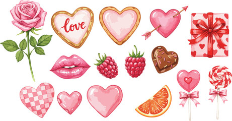 Valentine s day themed illustrations of hearts flowers lips and fruit