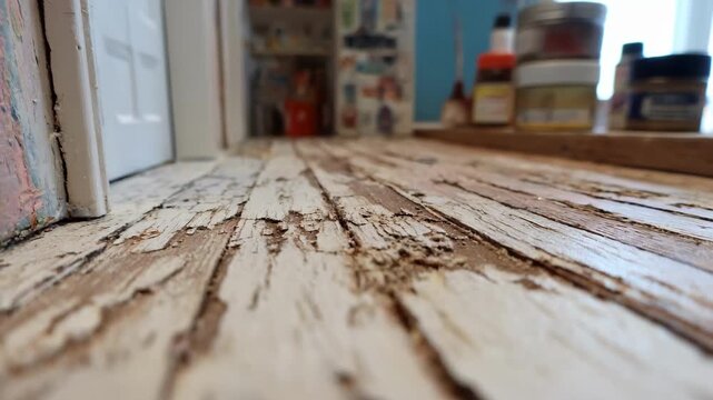 Refinishing chipboard floors of a dollhouse with realistic textures emphasizing detailed restoration of tiny living spaces.
