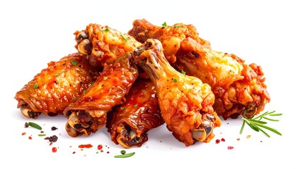 A delicious stack of crispy chicken wings garnished with herbs and spices on a white background