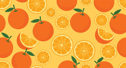 Bright and cheerful seamless pattern featuring whole oranges and neatly cut orange slices scattered across a vibrant yellow background.