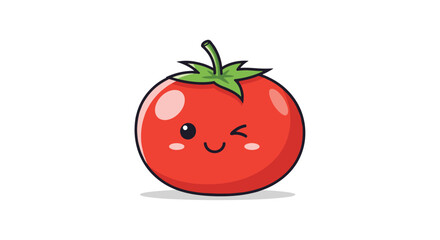 Obraz premium A cute cartoon tomato with a stem and leaves, winking with one eye and smiling cheerfully, against a clean white background.