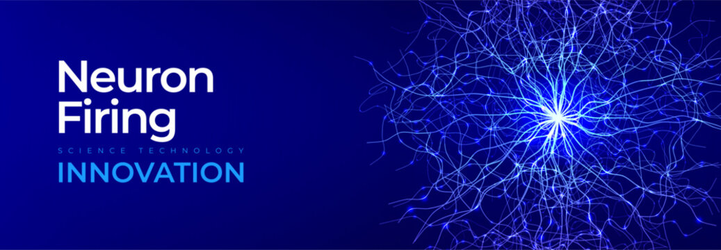 Neuron Firing Human Brain Neural Network Innovate Science Technology Background. Medical Neurology Bio Tech Scientific Research Banner Flash Glow Fractal. Blue AI Digital Net. Vector Illustration