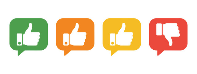 Thumb Icons vector illustration of rating symbols, feedback bubbles, including thumb up, thumb down, and neutral thumb on white background.