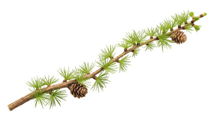 Isolated sprig of larch with needles and cones, conifer branch with green leaves isolated