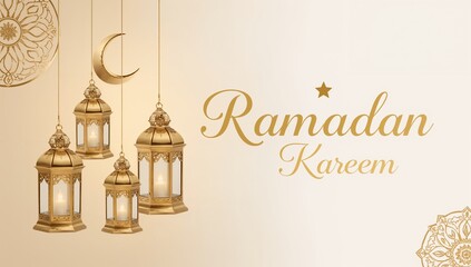 Elegant ramadan kareem greeting card with golden lanterns crescent moon and ornate islamic design elements