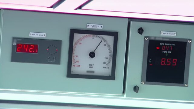 Ship Bridge Instruments Showing Gyro Compass, RPM And Doppler Speed, Nautical Control Panel - 4K
