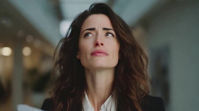 Anxious Glance: Portrait of a woman, face displaying a mix of concern and contemplation, she appears lost in thought, the subtle lines revealing stress or worry.