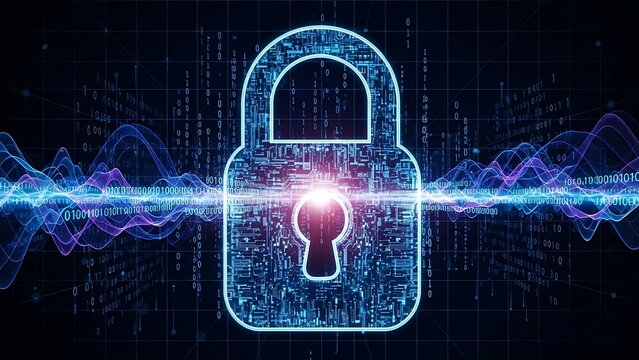 Digital padlock with glowing blue circuit board and binary code waves - Powered by Adobe