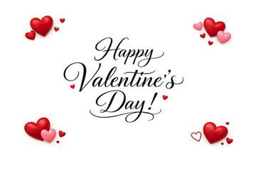 Happy Valentine Day greeting card with red hearts and elegant calligraphy typography on white background