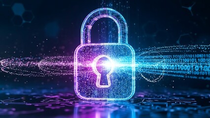 Digital padlock with glowing blue and purple light on circuit board