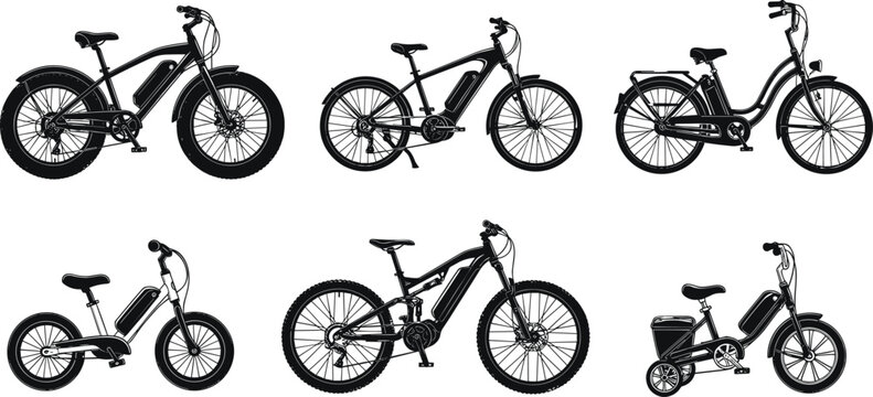 Large collection of black silhouettes featuring various electric bicycles including mountain bikes fat tire ebikes city commuters and kids pedelec models for sustainable urban transportation
