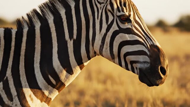Beautiful zebra with its distinctive black and white stripes standing in the golden light of the setting sun. Majestic wild animal in its natural habitat in the african savannah during a safari