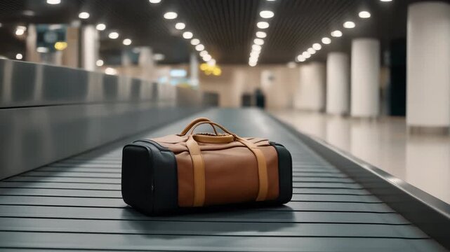 Brown duffel bag on airport luggage carousel under bright lights