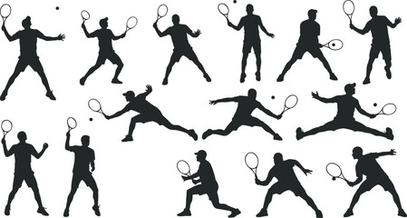 Large collection of black silhouettes featuring various male tennis players in action poses including serving volleying and sprinting for professional sports competition and athletic recreation design