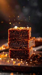 Gourmet Fudgy Chocolate Brownies Stacked Against Dark Background
