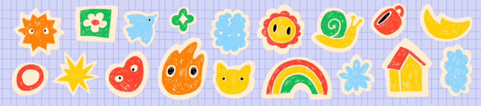 Kids doodle shape set, hand drawn childish funny stickers, vector colorful pencil scribble art. Kindergarten cartoon abstract collage figures, star patch decorative cute baby badge. Kids shape graphic