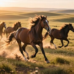 Fototapeta premium Photograph wild horses galloping across open plains manes and ta