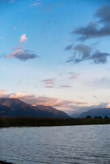 Forest lake in the mountains. Beautiful landscape of lake 