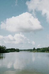 Forest lake in the mountains. Beautiful landscape of lake 
