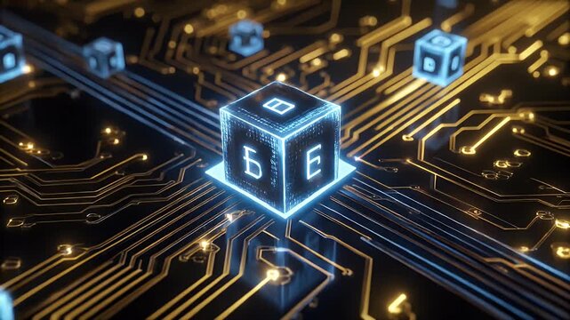 Glowing digital cubes with abstract symbols on a futuristic circuit board, representing blockchain technology and data processing.