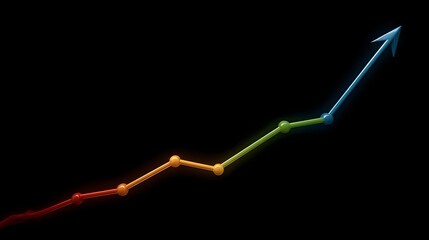 Abstract line graph shows upward trend with colorful data points and arrow against black background