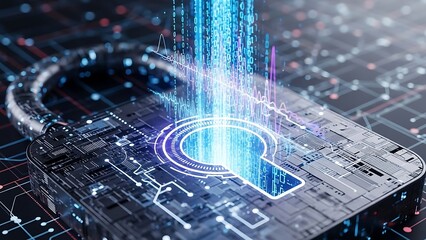 Secure digital padlock with glowing blue circuit board and data streams