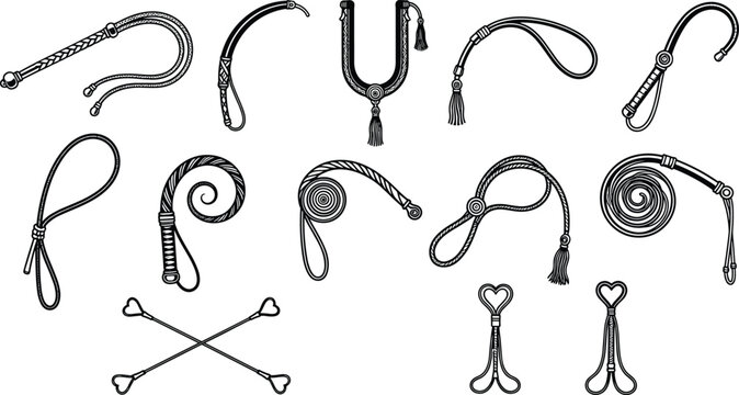 Large collection of black whip and leather crop silhouettes featuring various braided lash styles coils and handle designs for equestrian sports farm training and historical costume design