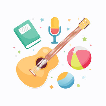 Playful Composition of Leisure Items: Guitar, Microphone, Book, and Beach Balls on White Background
