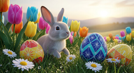 Image with gray rabbit, colorful tulips, and painted eggs in grass; symbolizes spring, renewal, Easter holiday, and festive celebration in nature