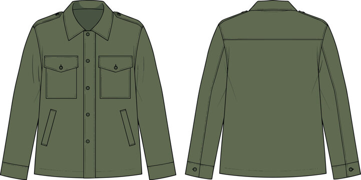 Military jacket fashion sketch, pointed collar design, epaulet detail garment, apparel template, stylish outerwear illustration, flat vector illustration