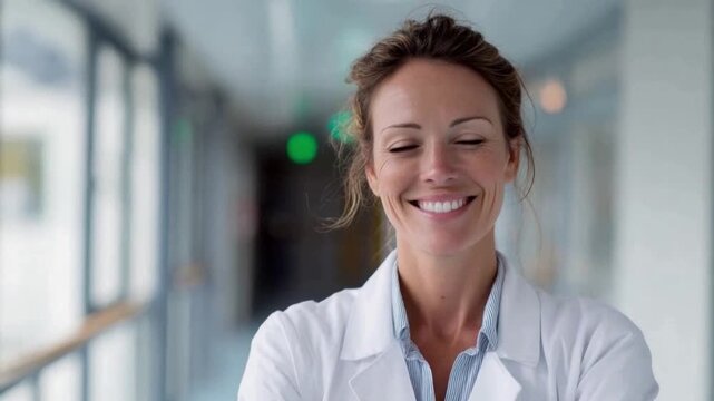 Smiling Doctor in Corridor: Capturing a moment of optimism, a skilled doctor stands in a bright corridor, her genuine smile radiating warmth and assurance.