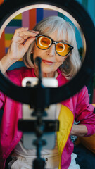 Happy senior woman influencer recording fashion vlog smartphone behind ring light technology. Stylish creative lady holding glasses looks confident creating digital content online via social media