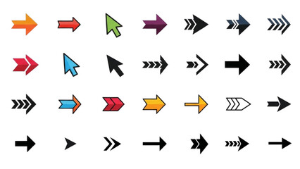 Collection of various colored and shaped arrows pointing in different directions on a plain background