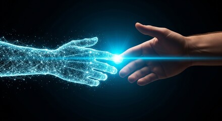 Human hand reaching out to touch a digital virtual robotic hand with glowing neural network, artificial intelligence and future technology connection concept