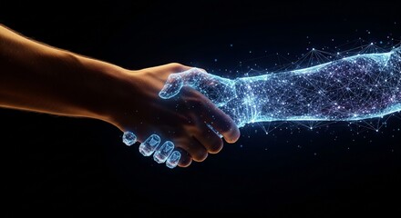 Human and digital robotic hand shaking hands with glowing particles, artificial intelligence partnership and future business cooperation concept