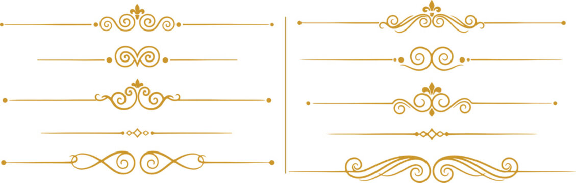 Luxury elegant gold divider collection. Ornamental decorative line borders set. Vintage style calligraphic flourish for wedding cards, invitations, menus and certificates. Filigree decorative vector 