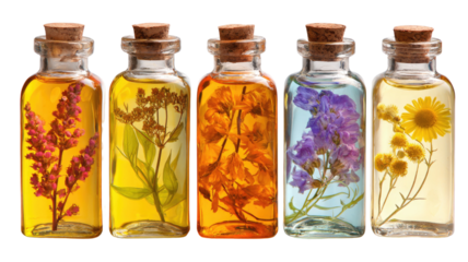 A set of transparent glass perfume and medicine bottles with flowers, featuring isolated brown and white vials for beauty, healthcare, and pharmaceutical use in a laboratory or spa setting
