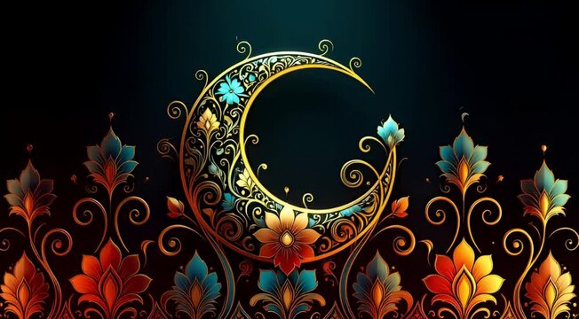 Vibrant crescent moon shines surrounded by colorful floral patterns and swirling designs on a dark background.