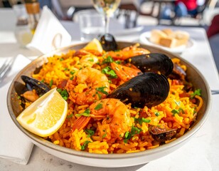 Enjoying Firefly Fideu&agrave;, a seafood noodle paella on a busy street terrace during a sunny afternoon in a vibrant Spanish city