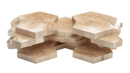 stacked wooden hexagon platforms natural wood texture geometric podium display isolated on white background