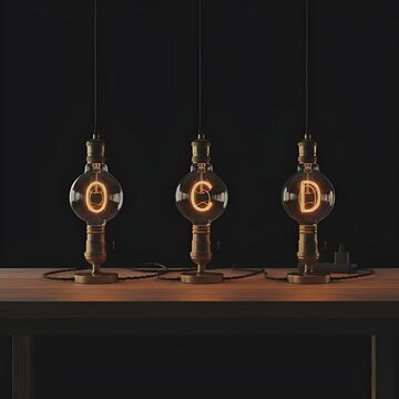 A conceptual image featuring three light bulbs with filaments forming the letters O, C, and D.