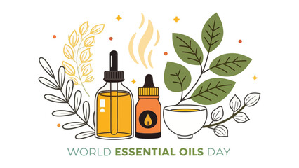 World Essential Oils Day celebration with bottles and botanicals